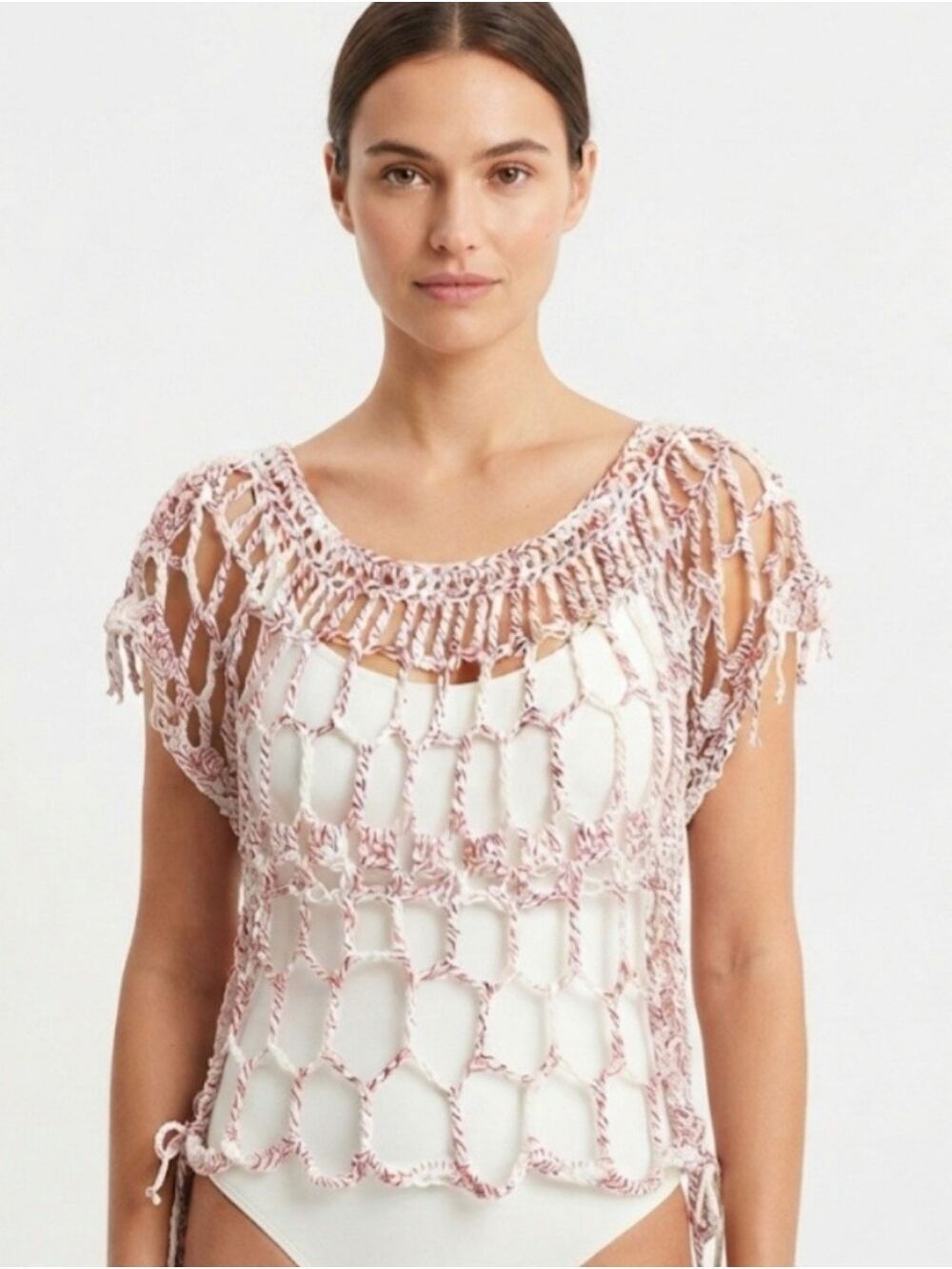 Handmade Crochet Wide Neck Top 100% Cotton Boho Beach Cover Up OOAK Crop Top